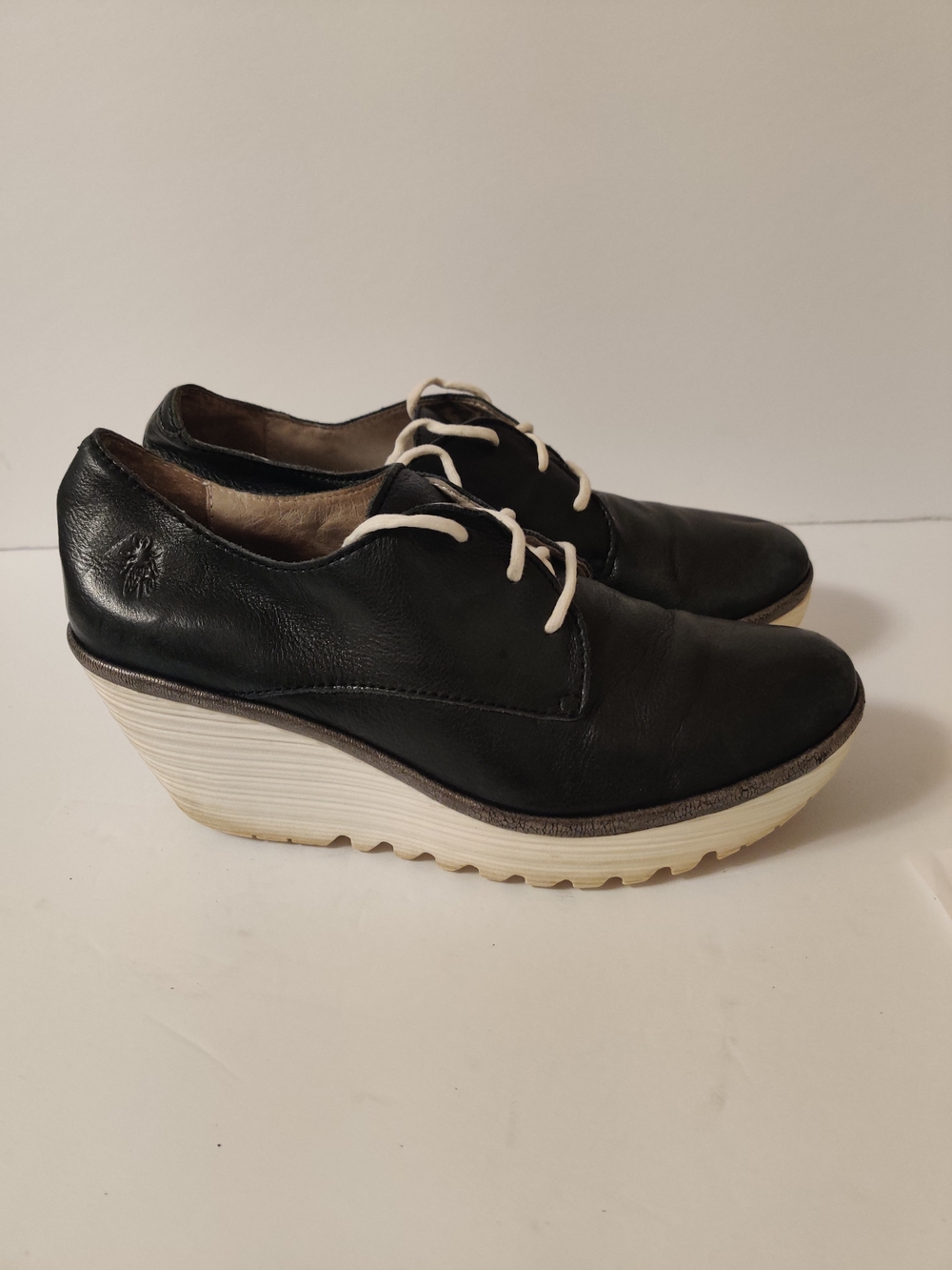 Fly London Palt Wedge Oxford Black & White Platform Shoes 39 US 8.5